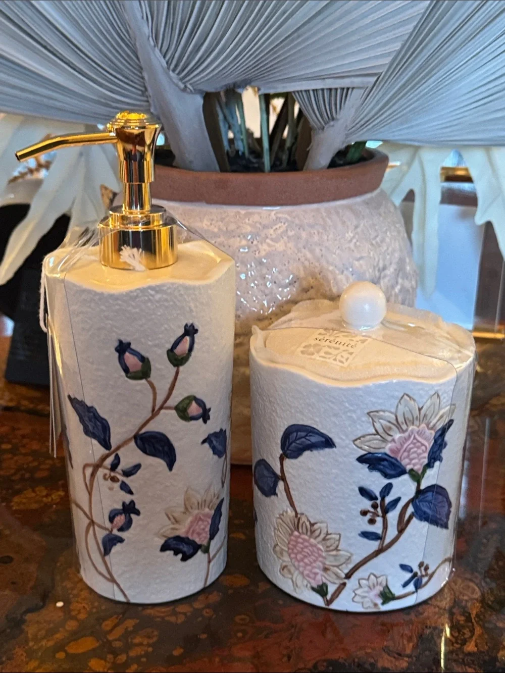 Floral Ceramic Soap Dispenser & Canister Set
